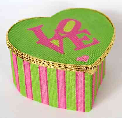 Limoges Box - Lg. Heart Robert Indiana style LOVE w/ Stripes - pinks & greens (gold clasp)