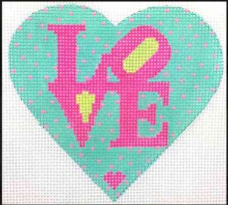 Mini Heart - Robert Indiana-style LOVE - Hot Pink & Lime on Turquoise